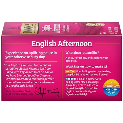 Twinings English Afternoon Black Tea Individually Wrapped Bags, 20 Count (Pack of 6), Smooth & Slightly Sweet, Caffeinated, Enjoy Hot or Iced | Packaging May Vary
