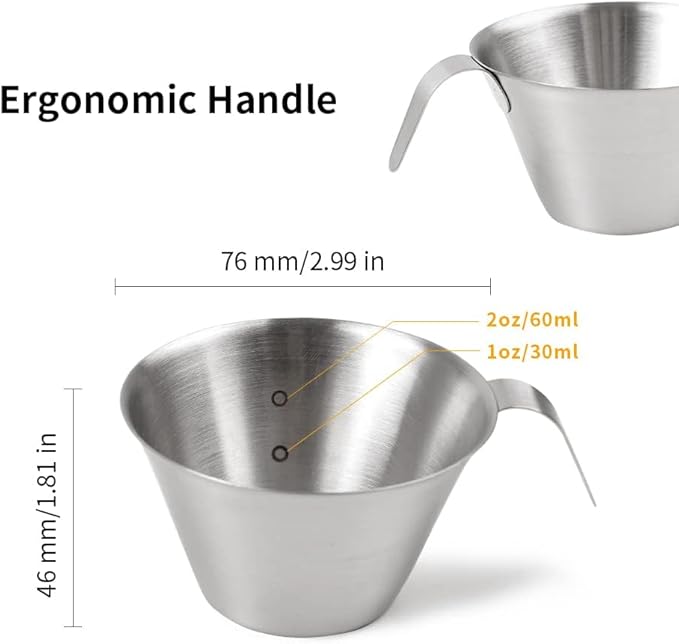 2oz Espresso Shot Cups, watchget Espresso Measuring Cup with Handle and Insdie Mark Stainless Steel Measuring Shot Cup for Barista Cafe Home Professional Espresso Coffee Accessories, Basic, 2 Pack