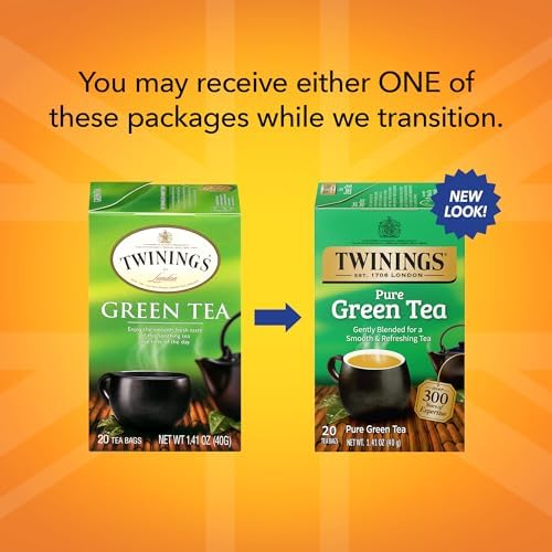 Twinings Pure Green Tea Individually Wrapped Bags, 20 Count (Pack of 6), Smooth Flavour, Enticing Aroma, Caffeinated, Enjoy Hot or Iced | Packaging May Vary