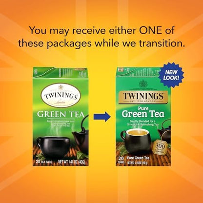 Twinings Pure Green Tea Individually Wrapped Bags, 20 Count (Pack of 6), Smooth Flavour, Enticing Aroma, Caffeinated, Enjoy Hot or Iced | Packaging May Vary