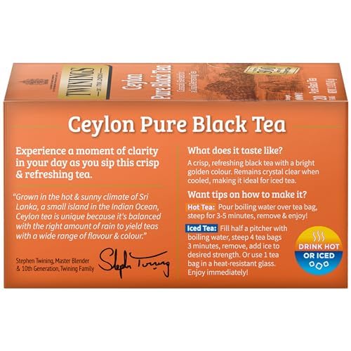 Twinings Ceylon Pure Black Tea Individually Wrapped Bags, 20 Count (Pack of 6), formerly Ceylon Orange Pekoe, Crisp, Refreshing, Caffeinated, Enjoy Hot or Iced | Packaging May Vary