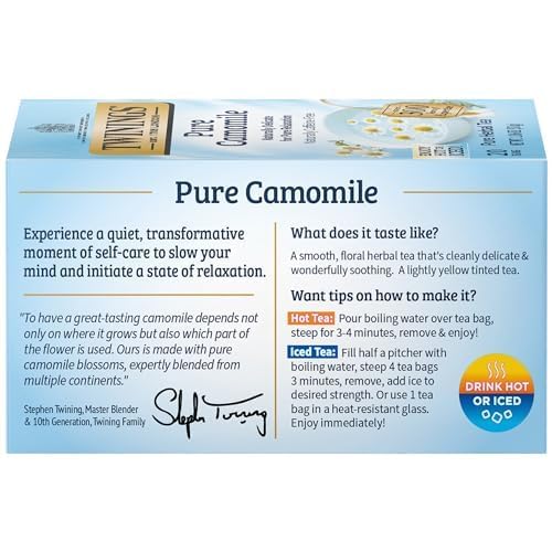 Twinings Pure Camomile Herbal Tea Individually Wrapped Bags, 20 Count (Pack of 6), Naturally Caffeine-Free, Enjoy Hot or Iced | Packaging May Vary