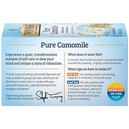 Twinings Pure Camomile Herbal Tea Individually Wrapped Bags, 20 Count (Pack of 6), Naturally Caffeine-Free, Enjoy Hot or Iced | Packaging May Vary