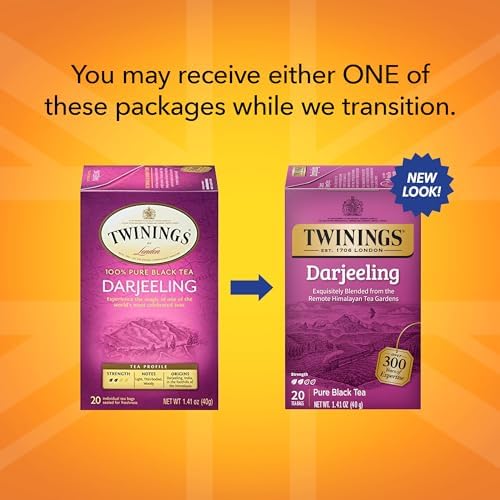 Twinings Darjeeling Black Tea Individually Wrapped Bags, 20 Count (Pack of 6), Delicate Light Taste, Caffeinated, Enjoy Hot or Iced | Packaging May Vary
