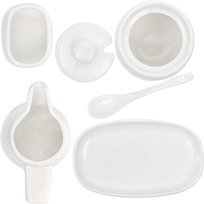 ZENFUN Set of 4 Porcelain Creamer and Sugar Set with Saucer, Sugar Bowl with Lid and Spoon, Cream Pitcher, Sweetener Holder, Coffee Serving Set for Kitchen Home Cafe Party, Restaurant, White