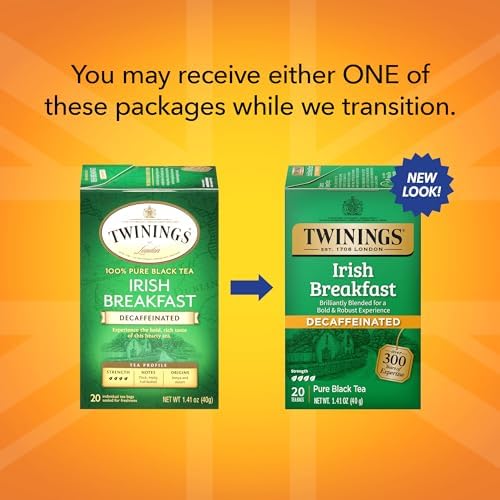 Twinings Decaffeinated Irish Breakfast Black Tea Individually Wrapped Bags, 20 Count (Pack of 6), Flavourful, Robust, Enjoy Hot or Iced | Packaging May Vary