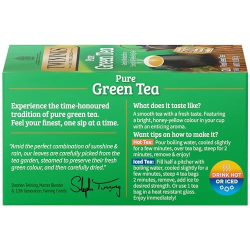 Twinings Pure Green Tea Individually Wrapped Bags, 20 Count (Pack of 6), Smooth Flavour, Enticing Aroma, Caffeinated, Enjoy Hot or Iced | Packaging May Vary