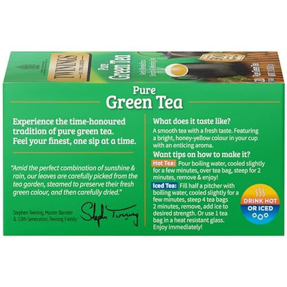 Twinings Pure Green Tea Individually Wrapped Bags, 20 Count (Pack of 6), Smooth Flavour, Enticing Aroma, Caffeinated, Enjoy Hot or Iced | Packaging May Vary