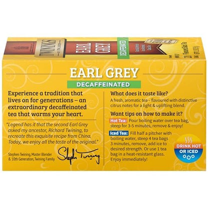 Twinings Decaffeinated Earl Grey Black Tea Individually Wrapped Bags, 20 Count (Pack of 6), Flavoured with Citrus and Bergamot, Enjoy Hot or Iced | Packaging May Vary