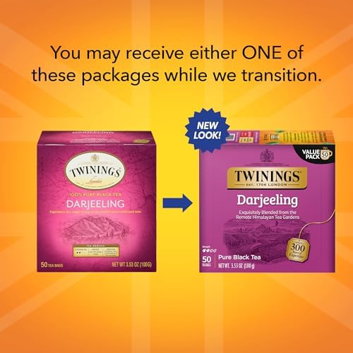 Twinings Darjeeling Black Tea Individually Wrapped Bags, 50 Count (Pack of 6), Delicate Light Taste, Caffeinated, Enjoy Hot or Iced | Packaging May Vary