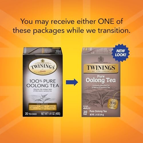 Twinings Pure Oolong Tea Individually Wrapped Bags, 20 Count (Pack of 6), Warm, Nutty Flavor & Golden Colour, Caffeinated, Enjoy Hot or Iced | Packaging May Vary