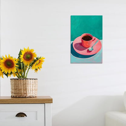 Vintage Afternoon Tea Black Coffee Wall Art Funky Pink Dinner Plate Food Canvas Posters Kitchen Coffee Pictures Prints Painting For Modern Home Dining Room Cafe Restaurant Wall Decor 8x10in Framed