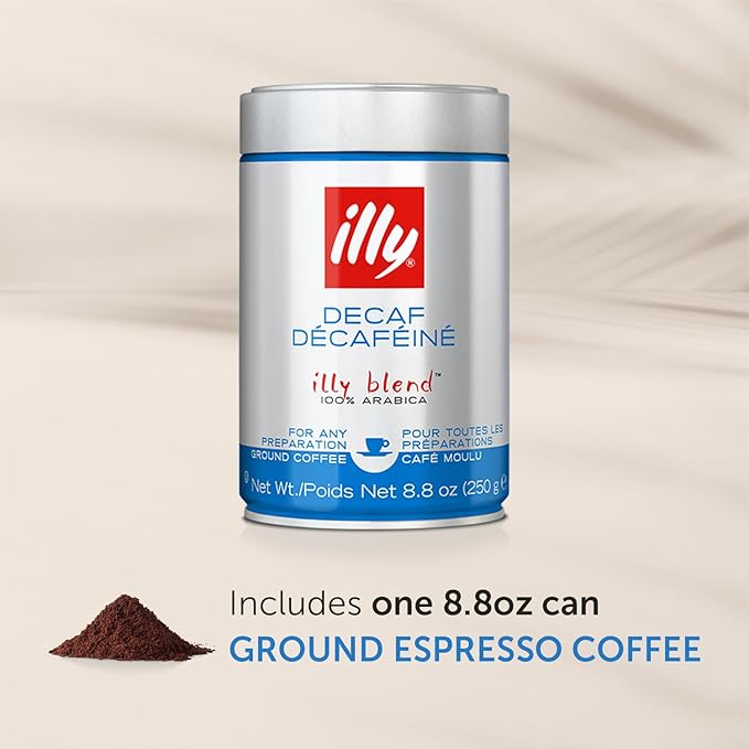 illy Ground Coffee Espresso - 100% Arabica Coffee Ground – Classico Decaf Roast - Notes of Caramel, Toasted Bread & Chocolate - Rich Aromatic Profile - Precise Roast - No Preservatives – 8.8 Ounce