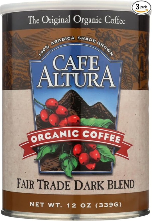 Cafe Altura Ground Organic Coffee, Fair Trade Dark Blend, 12 Ounce (Pack of 3)