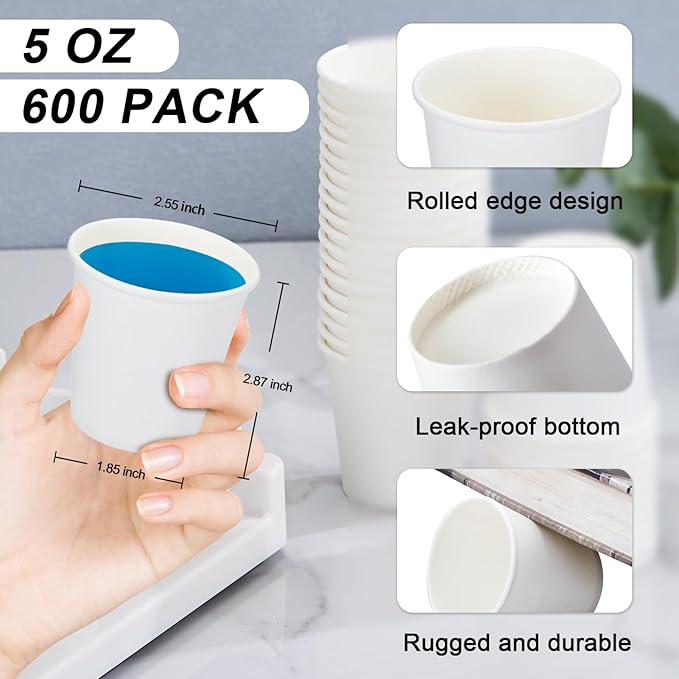 600 Pack 5 oz Paper Cups, Disposable Mini Bathroom Mouthwash Cups, Hot/Cold Drinking Cups, White Disposable Paper Cups for Bathroom, Home, Party, Office, Picnic, Travel