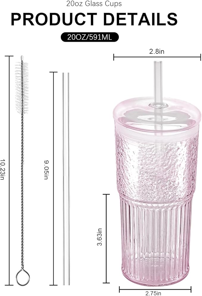 Glass Cups with Lids and Glass Straws, High Borosilicate 20OZ Pink Tumblers (2Pcs) for Coffee, Tea, Juice, Smoothies, Hot & Cold Drinks at Home/Office