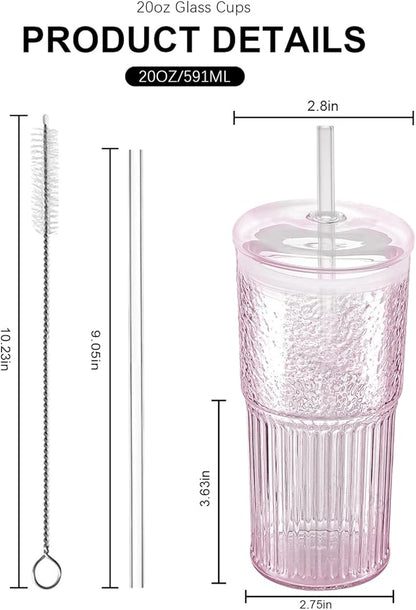Glass Cups with Lids and Glass Straws, High Borosilicate 20OZ Pink Tumblers (2Pcs) for Coffee, Tea, Juice, Smoothies, Hot & Cold Drinks at Home/Office