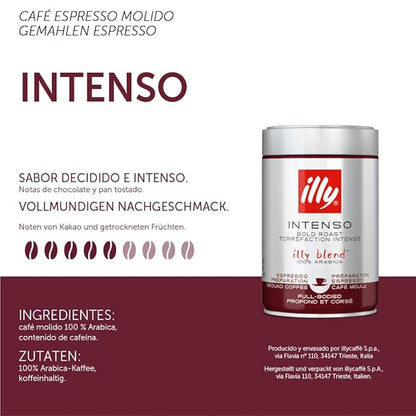 Illy Intenso Ground Espresso Coffee, Bold Roast, Intense, Robust And Full Flavored With Notes Of Deep Cocoa, 100% Arabica Coffee, No Preservatives, 8.8 Ounce (Pack Of 1)