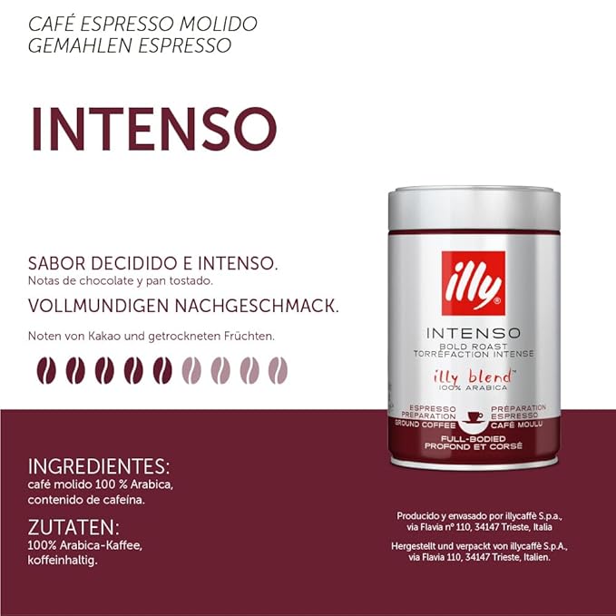 Illy Intenso Ground Espresso Coffee, Bold Roast, Intense, Robust And Full Flavored With Notes Of Deep Cocoa, 100% Arabica Coffee, No Preservatives, 8.8 Ounce (Pack Of 1)