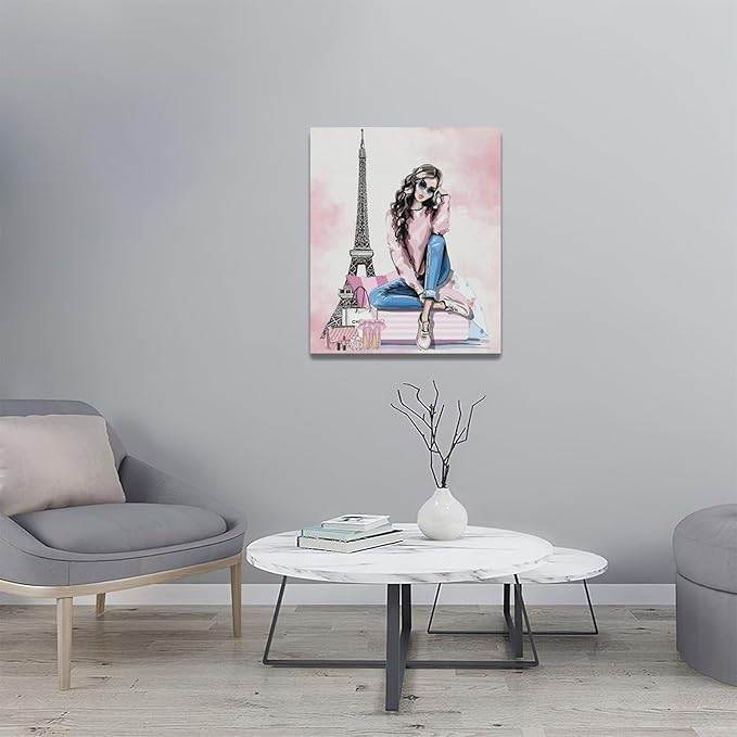 Pink Fashion Girls Wall Art Paris Glam Woman Pictures Room Decor Female Canvas Painting Print Eiffel Tower Home Makeup Artwork Decorations Framed for Bathroom Living Room Bedroom Office 20 x 24 inch