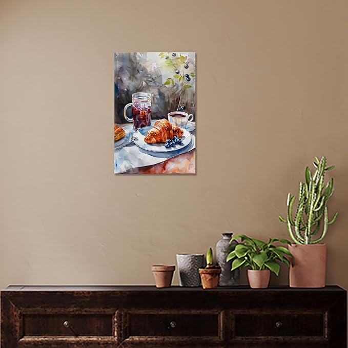 Vintage Coffee Food Kitchen Wall Art Colorful Bread Pastries Drinks Canvas Posters Funky Dining Table Plates Afternoon Tea Prints Painting For Modern Dining Room Cafe Wall Decor 8x10in Framed