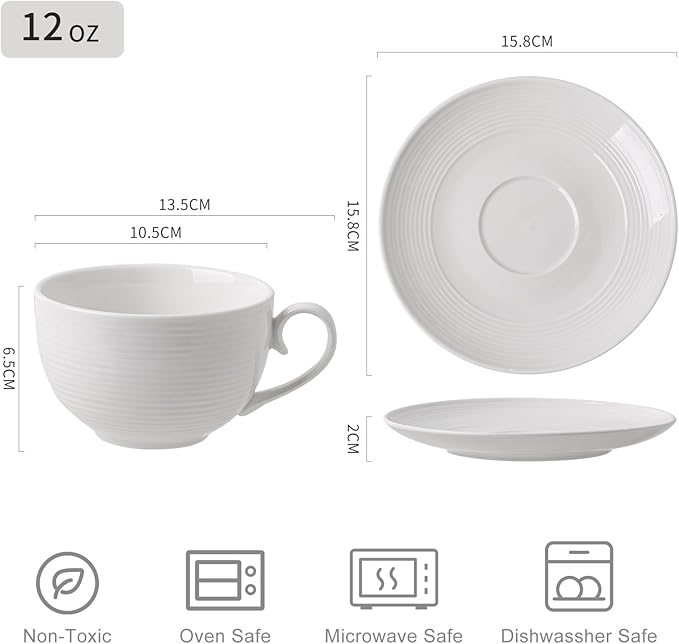 Coffee Cups with Saucers, Cappuccino Mug Set of 4 (10oz), Ceramic White Tea Mugs with Saucers, Microwave and Dishwasher Safe, for Home, Cafe, Bridal Shower, and Housewarming