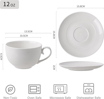 Coffee Cups with Saucers, Cappuccino Mug Set of 4 (10oz), Ceramic White Tea Mugs with Saucers, Microwave and Dishwasher Safe, for Home, Cafe, Bridal Shower, and Housewarming