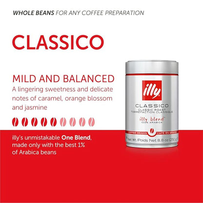 Illy Classico Whole Bean Coffee Medium Roast Classic Roast with Notes Of Caramel Orange Blossom and Jasmine 100% Arabica Coffee No Preservatives, 8.8 Ounce Can (Pack of 1)