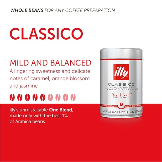 Illy Classico Whole Bean Coffee Medium Roast Classic Roast with Notes Of Caramel Orange Blossom and Jasmine 100% Arabica Coffee No Preservatives, 8.8 Ounce Can (Pack of 1)
