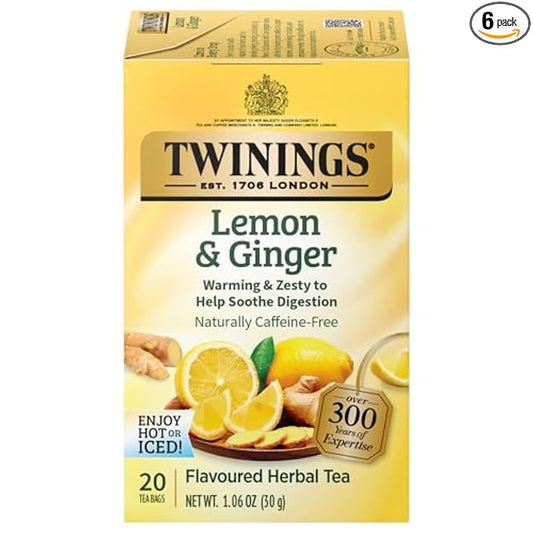 Twinings Lemon & Ginger Herbal Tea Individually Wrapped Bags, 20 Count (Pack of 6), Tangy Lemon, Spicy Ginger, Naturally Caffeine-Free, Enjoy Hot or Iced | Packaging May Vary