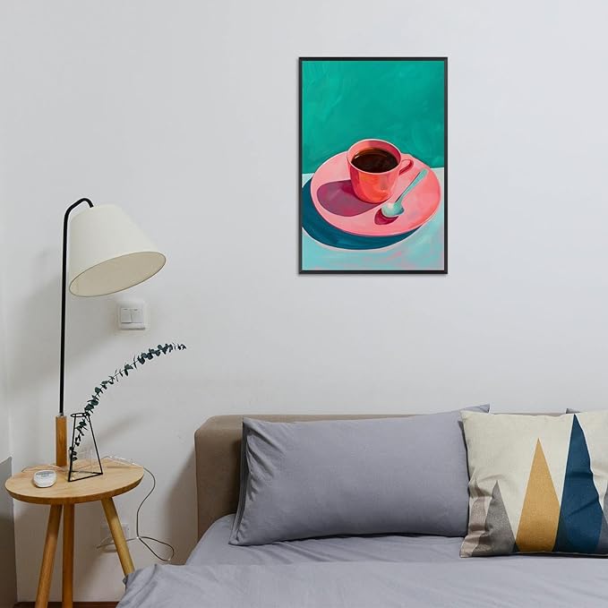 Vintage Afternoon Tea Black Coffee Wall Art Funky Pink Dinner Plate Food Canvas Posters Kitchen Coffee Pictures Prints Painting For Modern Home Dining Room Cafe Restaurant Wall Decor 8x10in Framed