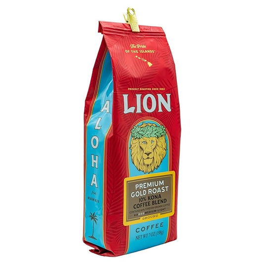 Lion Coffee Premium Gold Roast Ground Coffee, 10% Kona Blend, Medium-Light Roast, A Taste of Aloha - 7 Ounce Bag