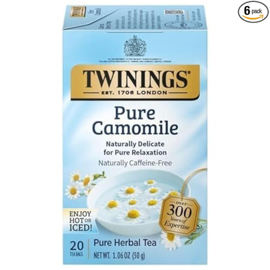 Twinings Pure Camomile Herbal Tea Individually Wrapped Bags, 20 Count (Pack of 6), Naturally Caffeine-Free, Enjoy Hot or Iced | Packaging May Vary