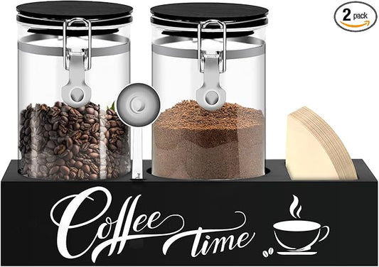 Glass Coffee Containers with Shelf Coffee Station Organizer 54oz Black Glass Coffee Bar Accessories Coffees Filter Holder for Kitchen Organization Coffees Bean Storage Canister