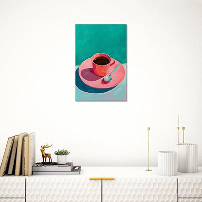 Vintage Afternoon Tea Black Coffee Wall Art Funky Pink Dinner Plate Food Canvas Posters Kitchen Coffee Pictures Prints Painting For Modern Home Dining Room Cafe Restaurant Wall Decor 8x10in Framed