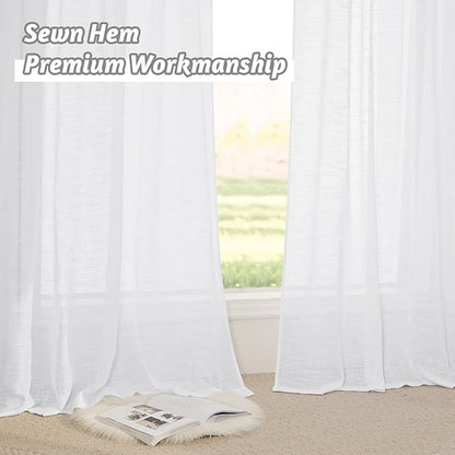 RYB HOME White Linen Textured Sheer Ties for Bathroom Bedroom, Machine Washable Kitchen Soften Sunlight Short Curtains Valances Country Rustic, W 42 x L 36 inches, White, 2 Panels