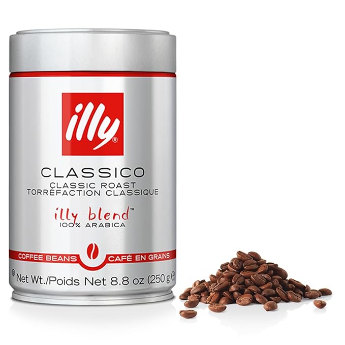 Illy Classico Whole Bean Coffee Medium Roast Classic Roast with Notes Of Caramel Orange Blossom and Jasmine 100% Arabica Coffee No Preservatives, 8.8 Ounce Can (Pack of 1)