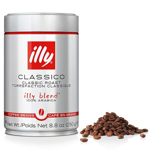 Illy Classico Whole Bean Coffee Medium Roast Classic Roast with Notes Of Caramel Orange Blossom and Jasmine 100% Arabica Coffee No Preservatives, 8.8 Ounce Can (Pack of 1)