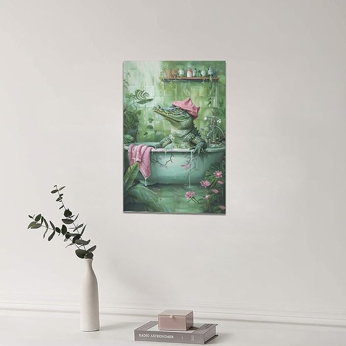 Bathroom Crocodile Wall Art Alligator Bathroom Pictures Wall Decor Funny Toilet Bathroom Canvas Painting Home Modern Artwork Decorations Framed for Restroom 20 x 24 inch
