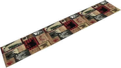 Country Cottage Table Runner, Vintage Bear Deer Elk Moose Rustic Style Linen Table Runner for Home Kitchen Table Decoration, 13x90 Inch