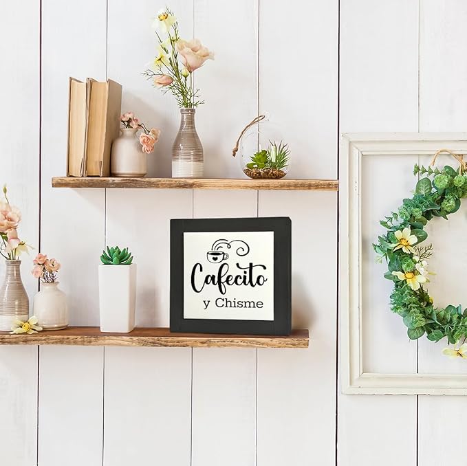 Coffee Wood Plaque Sign, Cafecito y Chisme, Box Wood Plaques Desk Décor, Rustic Kitchen Home Decor, Tea Room Decor, Decor Sign for Coffee Bar Home Office Kitchen, Coffee Lover Gift, 5.9×5.9inch C