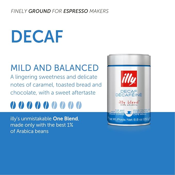 illy Ground Coffee Espresso - 100% Arabica Coffee Ground – Classico Decaf Roast - Notes of Caramel, Toasted Bread & Chocolate - Rich Aromatic Profile - Precise Roast - No Preservatives – 8.8 Ounce