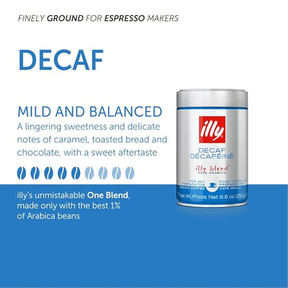 illy Ground Coffee Espresso - 100% Arabica Coffee Ground – Classico Decaf Roast - Notes of Caramel, Toasted Bread & Chocolate - Rich Aromatic Profile - Precise Roast - No Preservatives – 8.8 Ounce