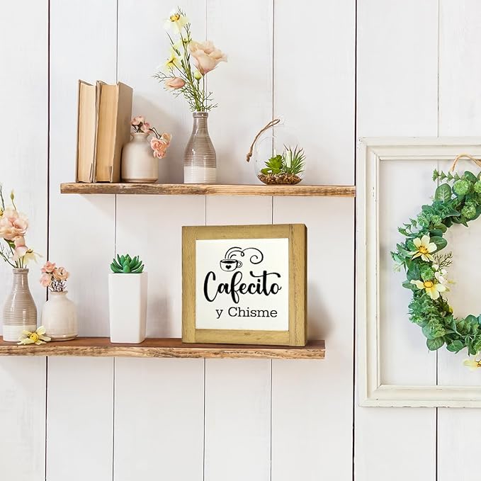 Coffee Wood Plaque Sign, Cafecito y Chisme, Box Wood Plaques Desk Décor, Rustic Kitchen Home Decor, Tea Room Decor, Decor Sign for Coffee Bar Home Office Kitchen, Coffee Lover Gift, 5.9×5.9inch D