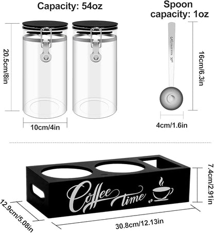 Glass Coffee Containers with Shelf Coffee Station Organizer 54oz Black Glass Coffee Bar Accessories Coffees Filter Holder for Kitchen Organization Coffees Bean Storage Canister