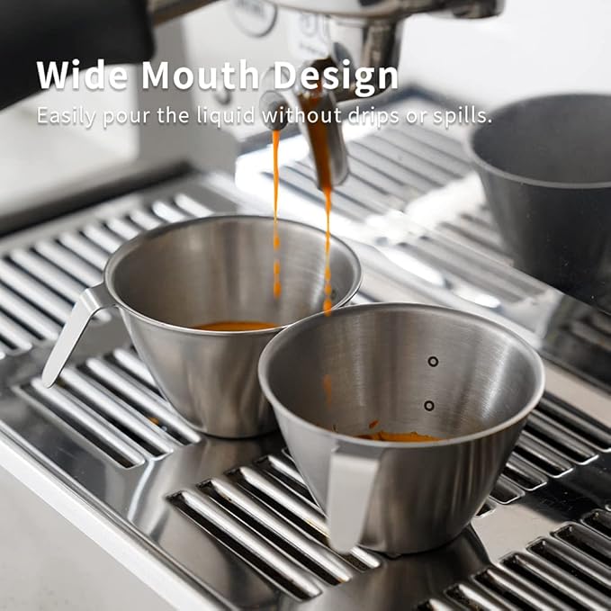 2oz Espresso Shot Cups, watchget Espresso Measuring Cup with Handle and Insdie Mark Stainless Steel Measuring Shot Cup for Barista Cafe Home Espresso Coffee Accessories, 2 Pack