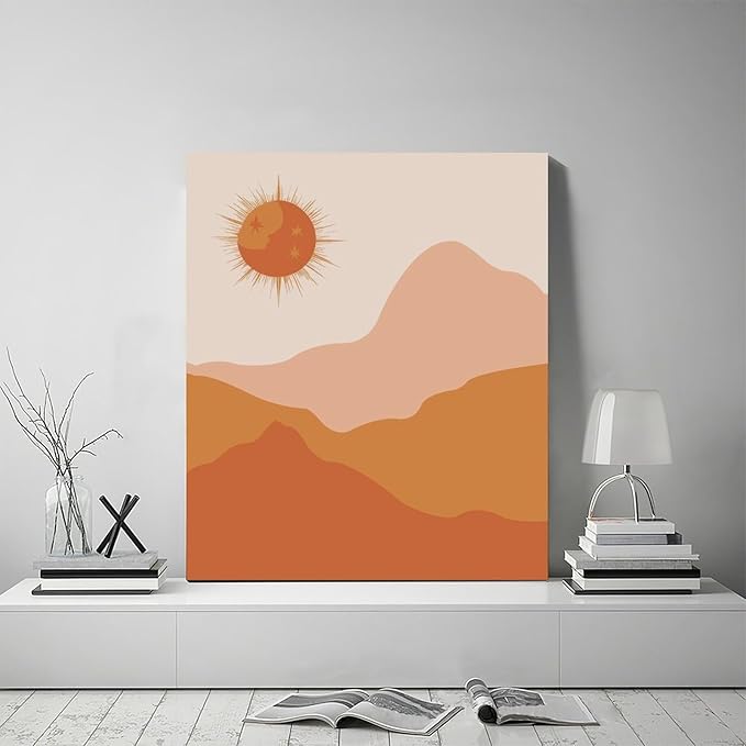 Boho Wall Art Sunset Minimalist Pictures Wall Decor Sun and Moon Nature Canvas Painting Print Home Modern Artwork Decorations Framed for Bathroom Living Room Bedroom Office 20 x 24 inch