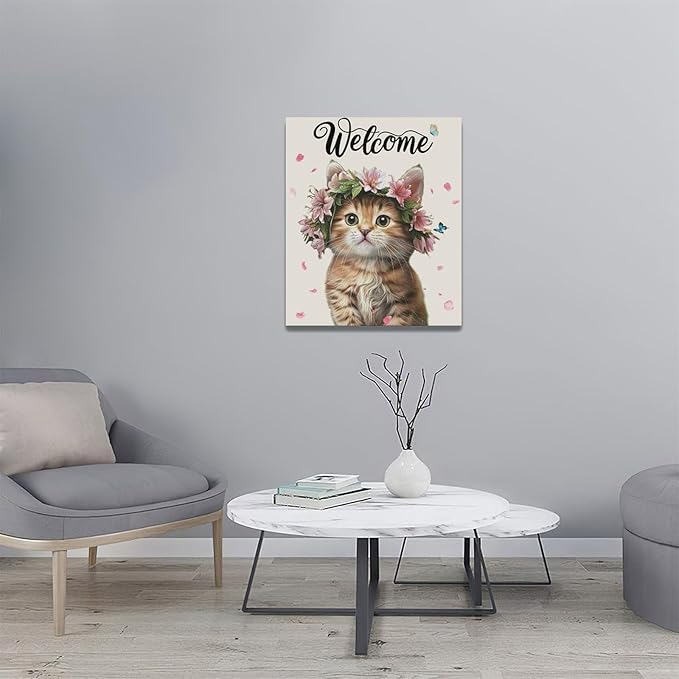 Cat Wall Art Welcome Cats Pictures Wall Decor Flower Cat Canvas Painting Home Modern Artwork Decorations Framed for Bathroom Living Room Bedroom Office 20 x 24 inch