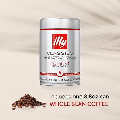 Illy Classico Whole Bean Coffee Medium Roast Classic Roast with Notes Of Caramel Orange Blossom and Jasmine 100% Arabica Coffee No Preservatives, 8.8 Ounce Can (Pack of 1)