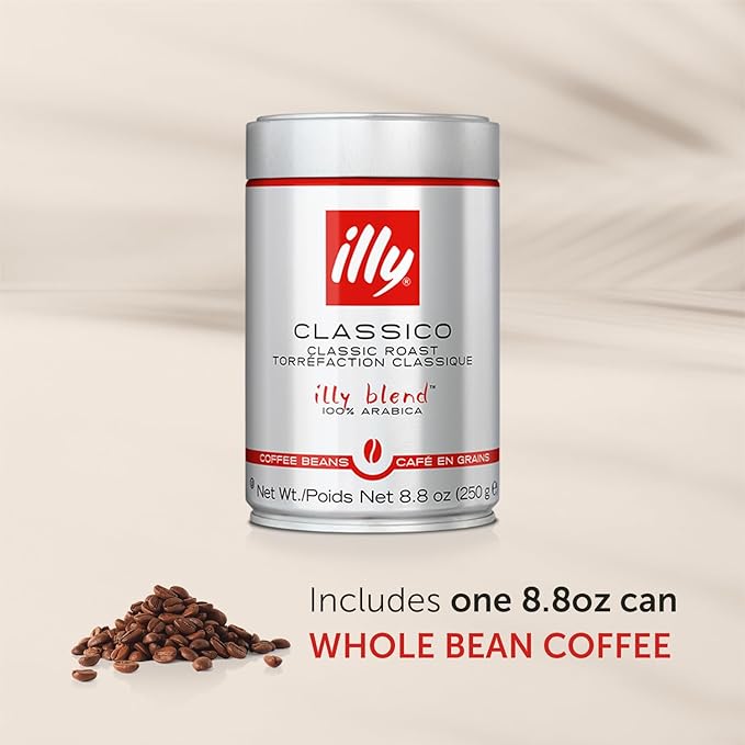 Illy Classico Whole Bean Coffee Medium Roast Classic Roast with Notes Of Caramel Orange Blossom and Jasmine 100% Arabica Coffee No Preservatives, 8.8 Ounce Can (Pack of 1)